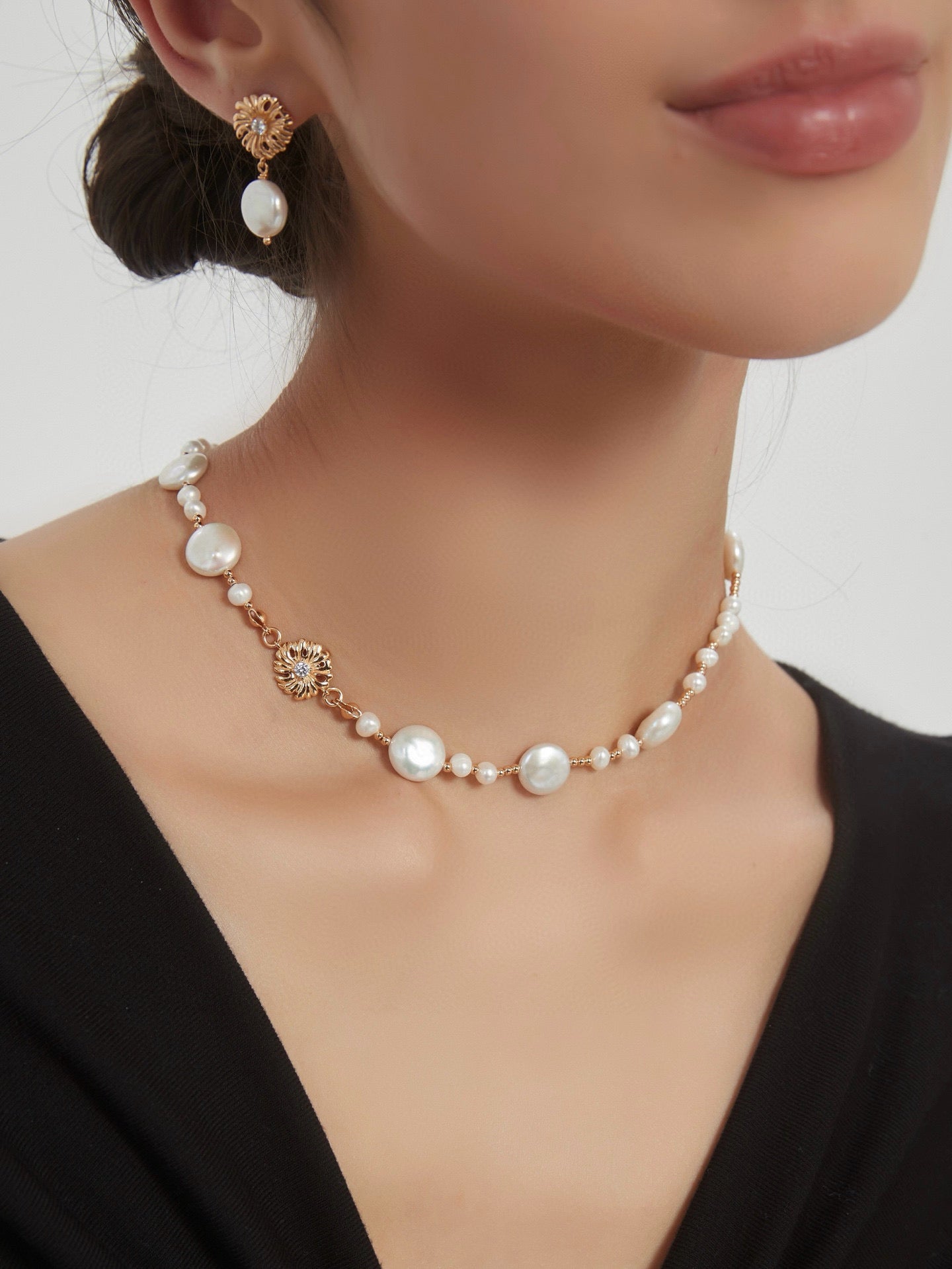 Sunflower Baroque Coin Pearl Drop Earrings