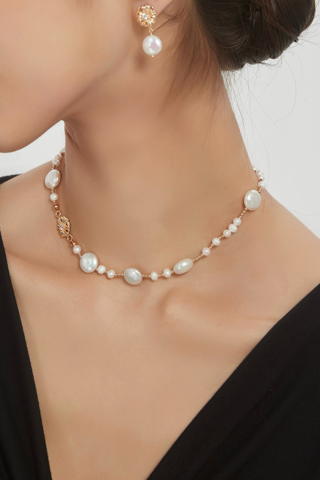 Sunflower Baroque Coin Pearl Drop Earrings