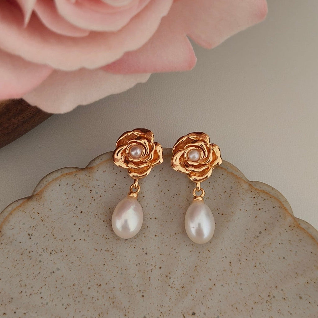 Vintage Rose and Rice Pearl Drop Earring