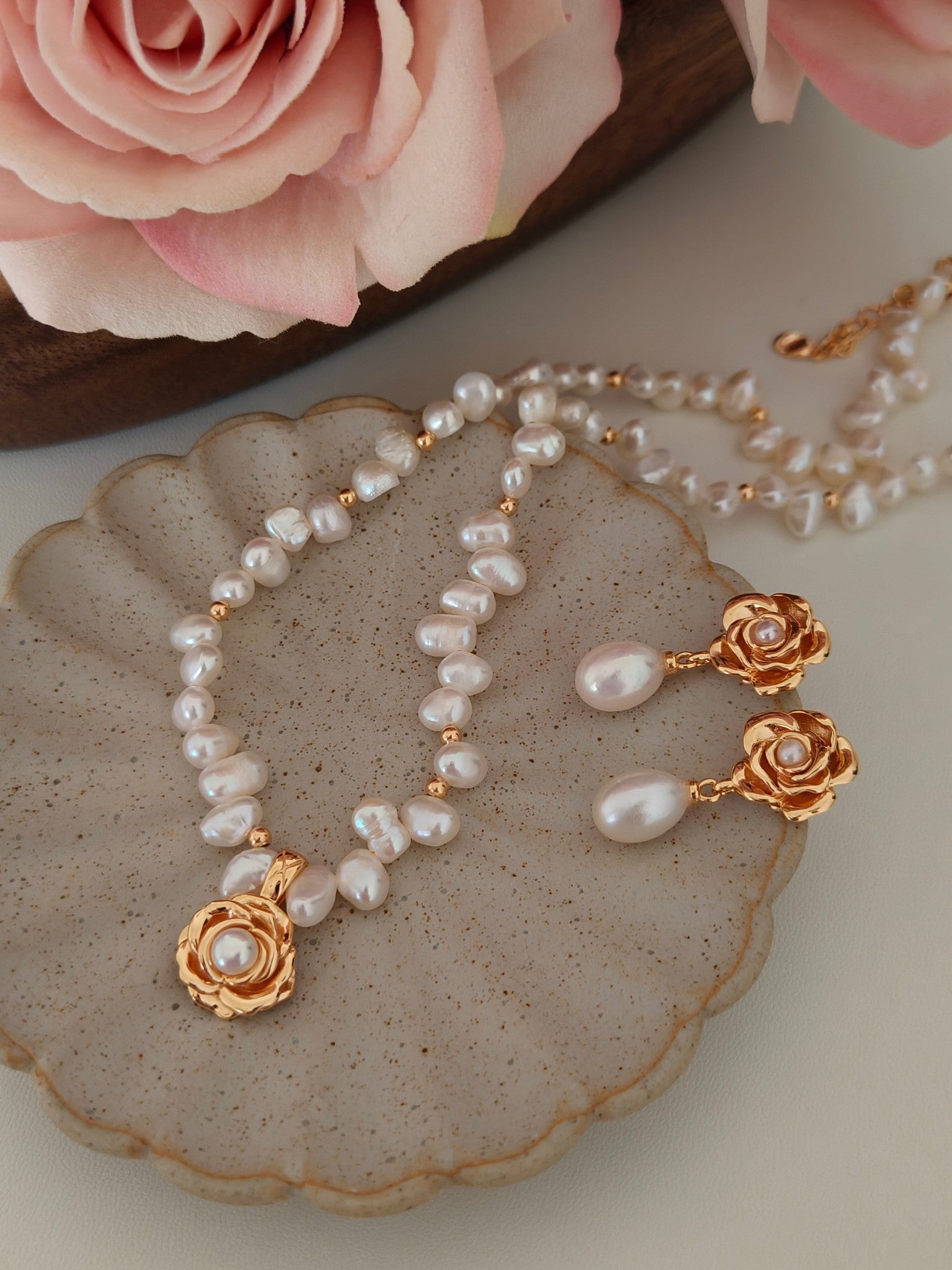 Vintage Rose and Rice Pearl Drop Earring