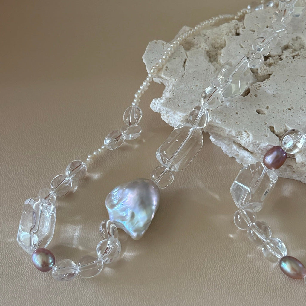 White Crystal With Fishtail Baroque Pearl Necklace