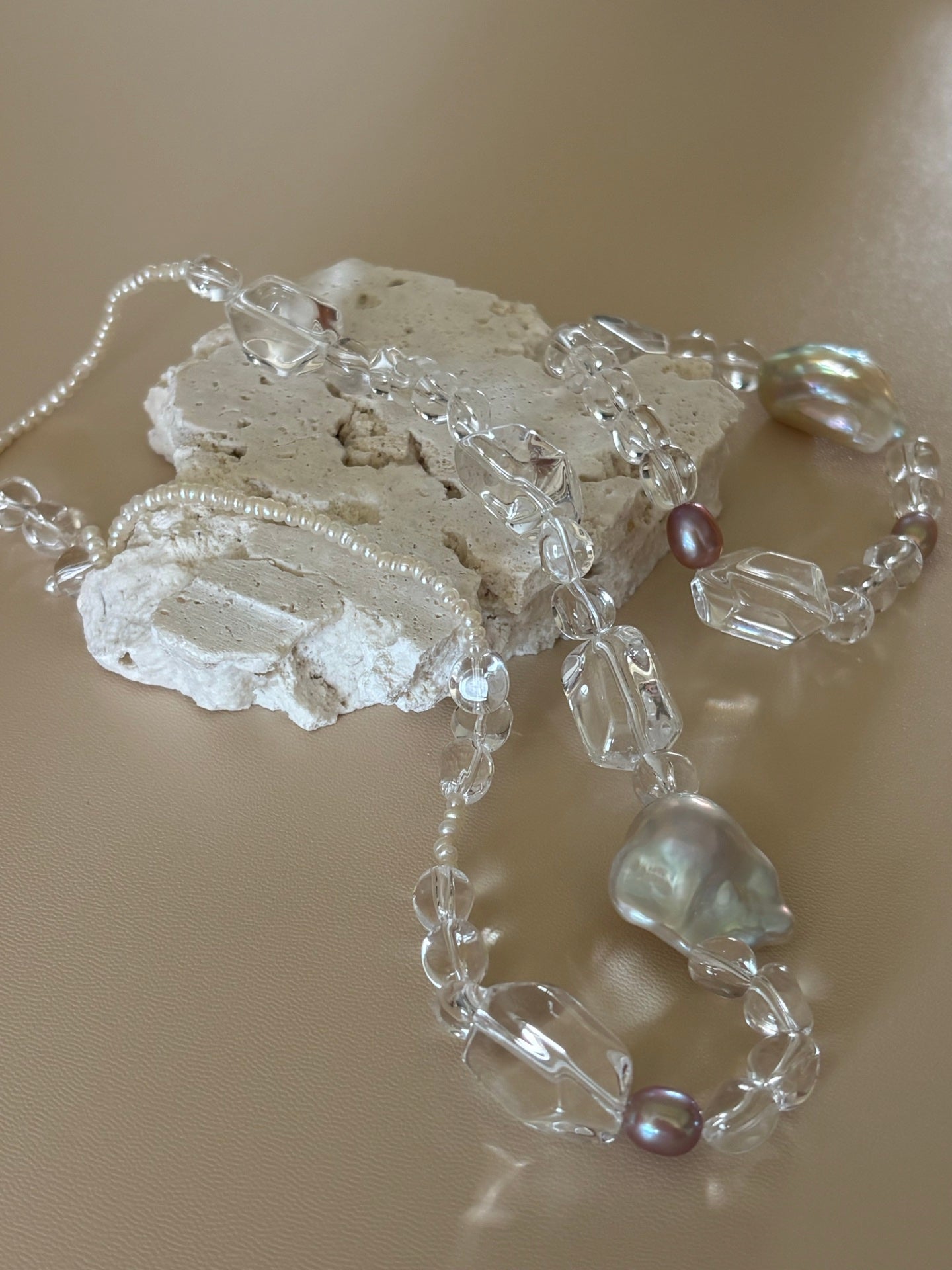 White Crystal With Fishtail Baroque Pearl Necklace