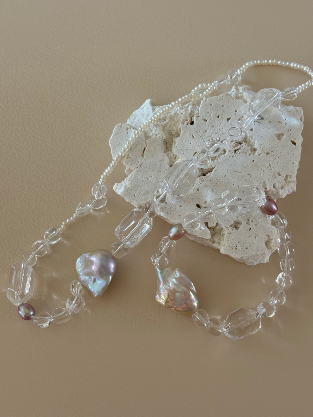 White Crystal With Fishtail Baroque Pearl Necklace