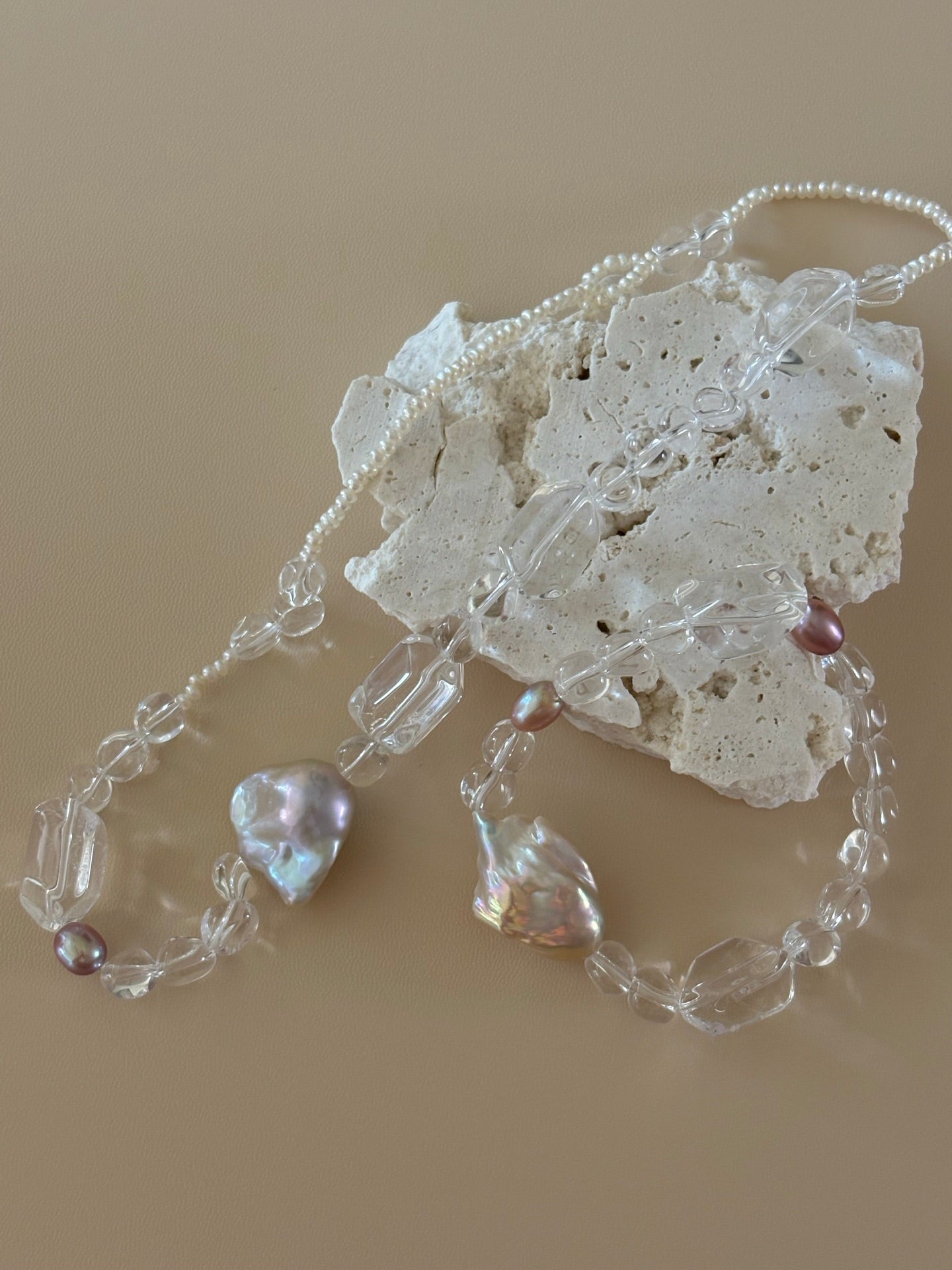 White Crystal With Fishtail Baroque Pearl Necklace