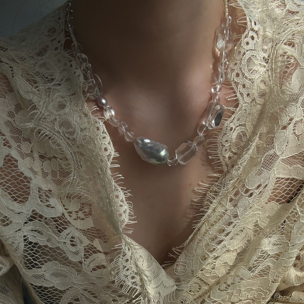 White Crystal With Fishtail Baroque Pearl Necklace