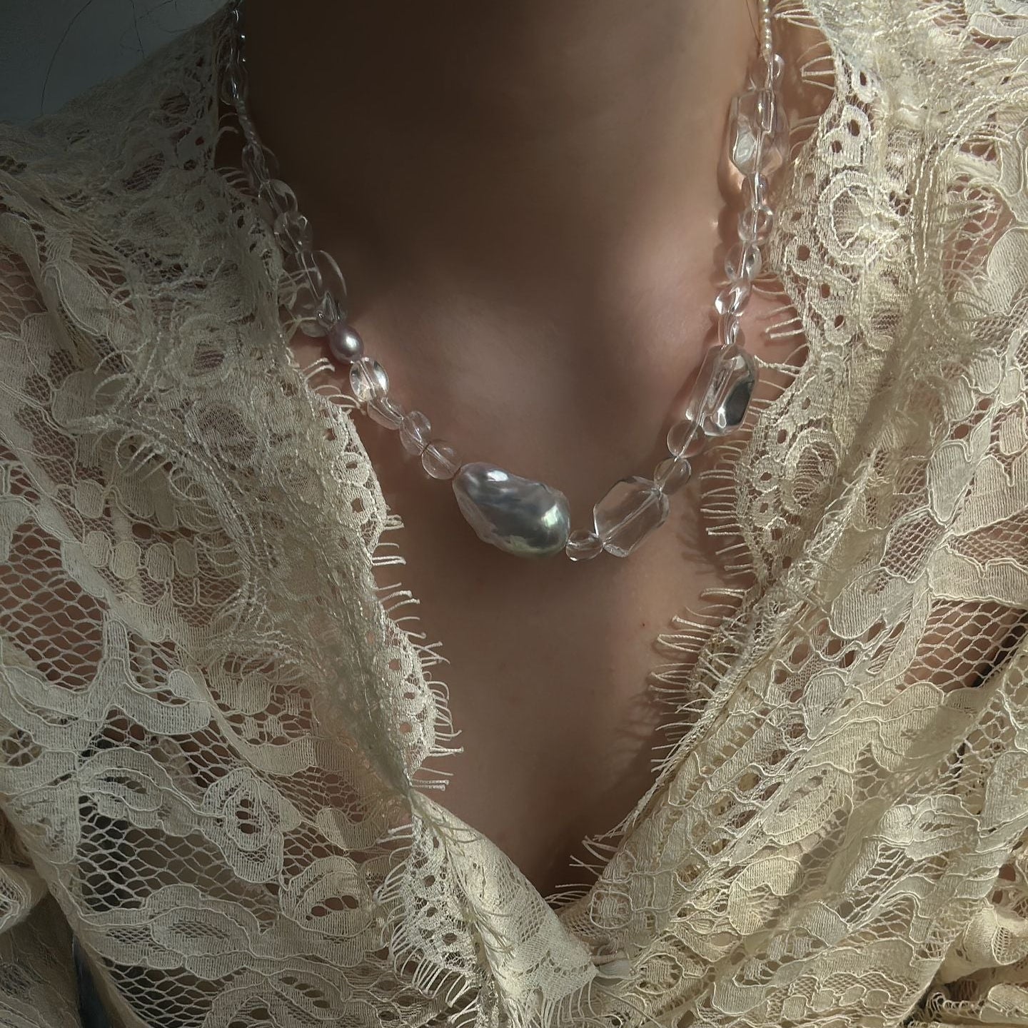 White Crystal With Fishtail Baroque Pearl Necklace