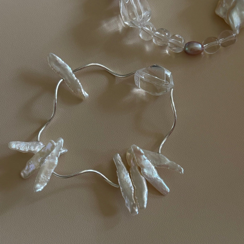 White Crystal With Stick Pearls Bracelet