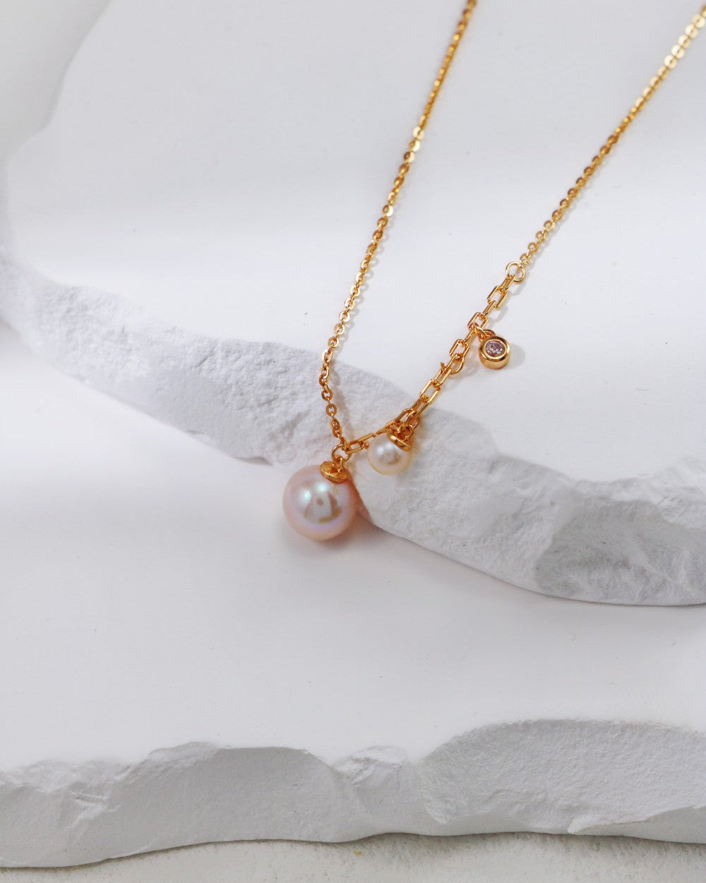 Tiny Round-Pearl With Zircon Pendant Necklace