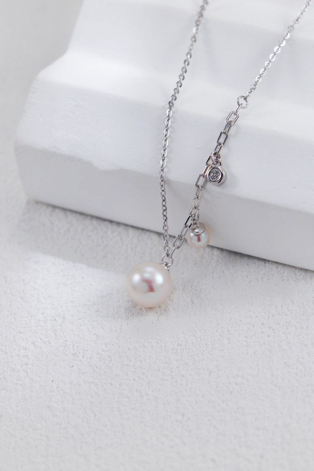 Tiny Round-Pearl With Zircon Pendant Necklace