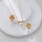 Minimal Lines Round Pearl Pendant Necklace & Earrings