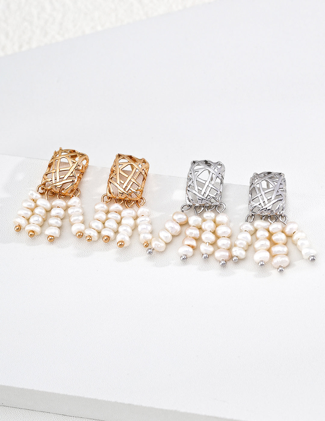Woven Net Tassel Pearl Earrings
