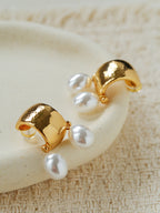 Vintage Golden Texture With Drop Pearl Earrings