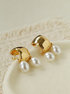 Vintage Golden Texture With Drop Pearl Earrings