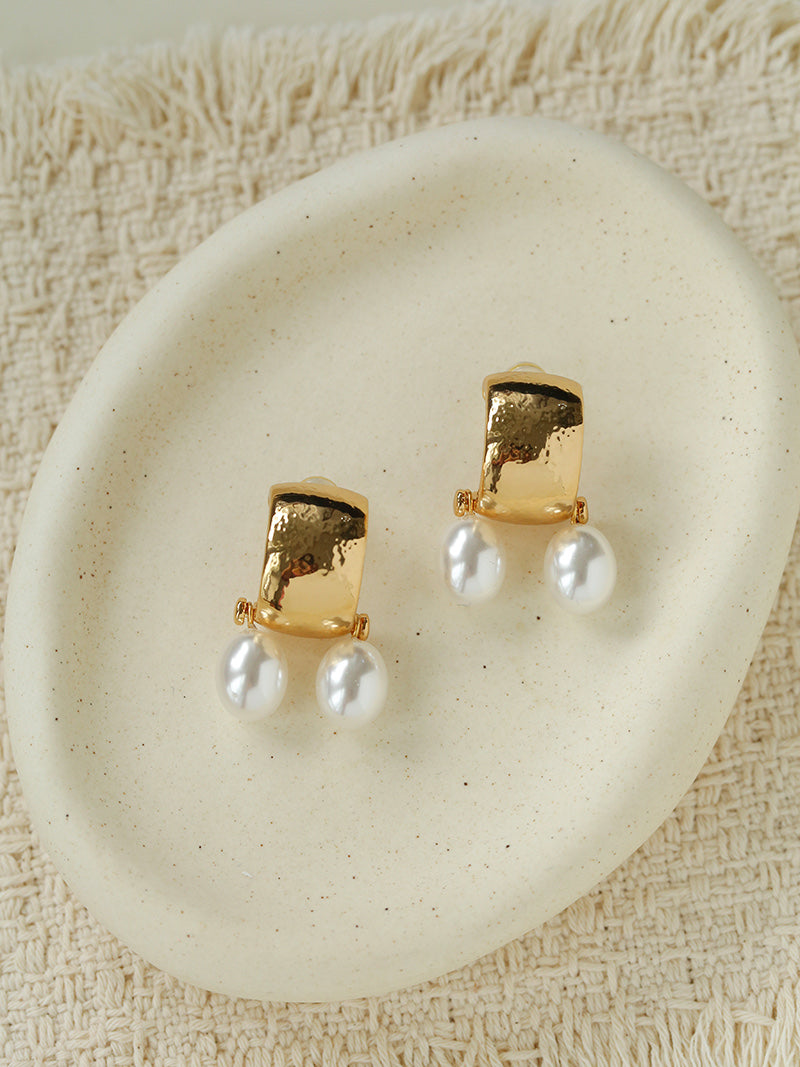 Vintage Golden Texture With Drop Pearl Earrings