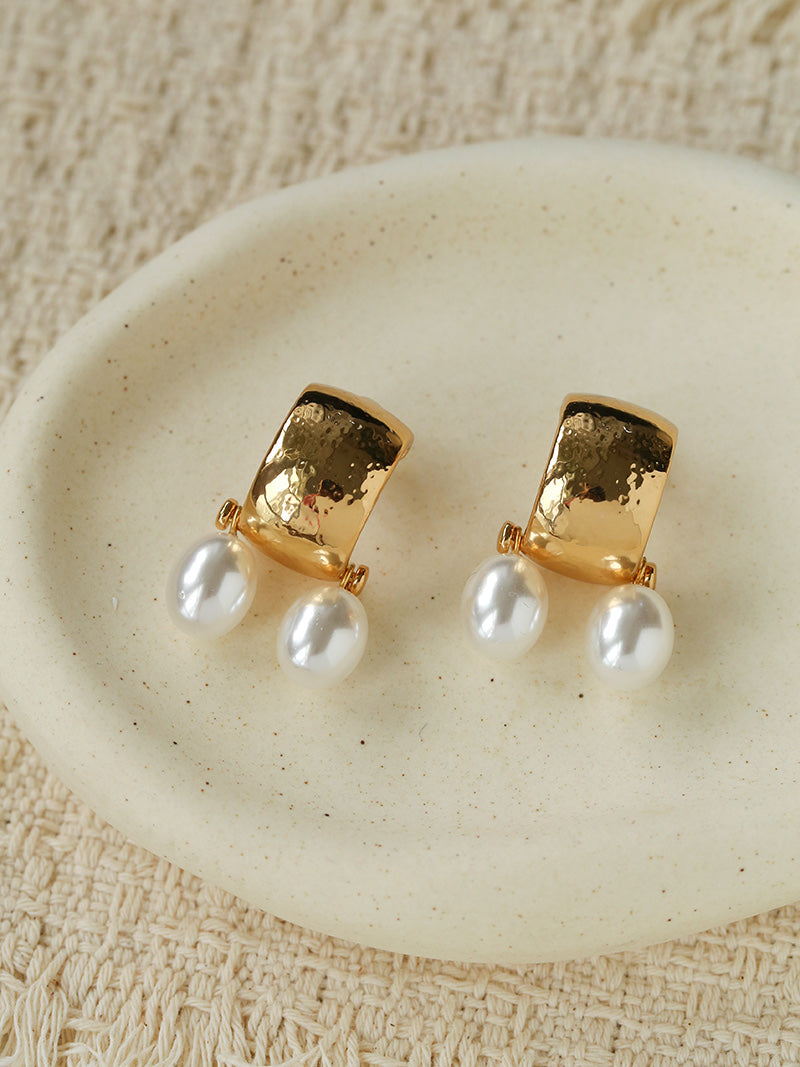 Vintage Golden Texture With Drop Pearl Earrings