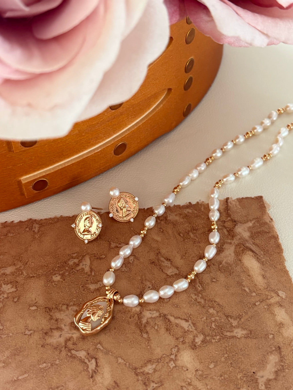 Vintage Queen Coin Pearl Stud Earrings