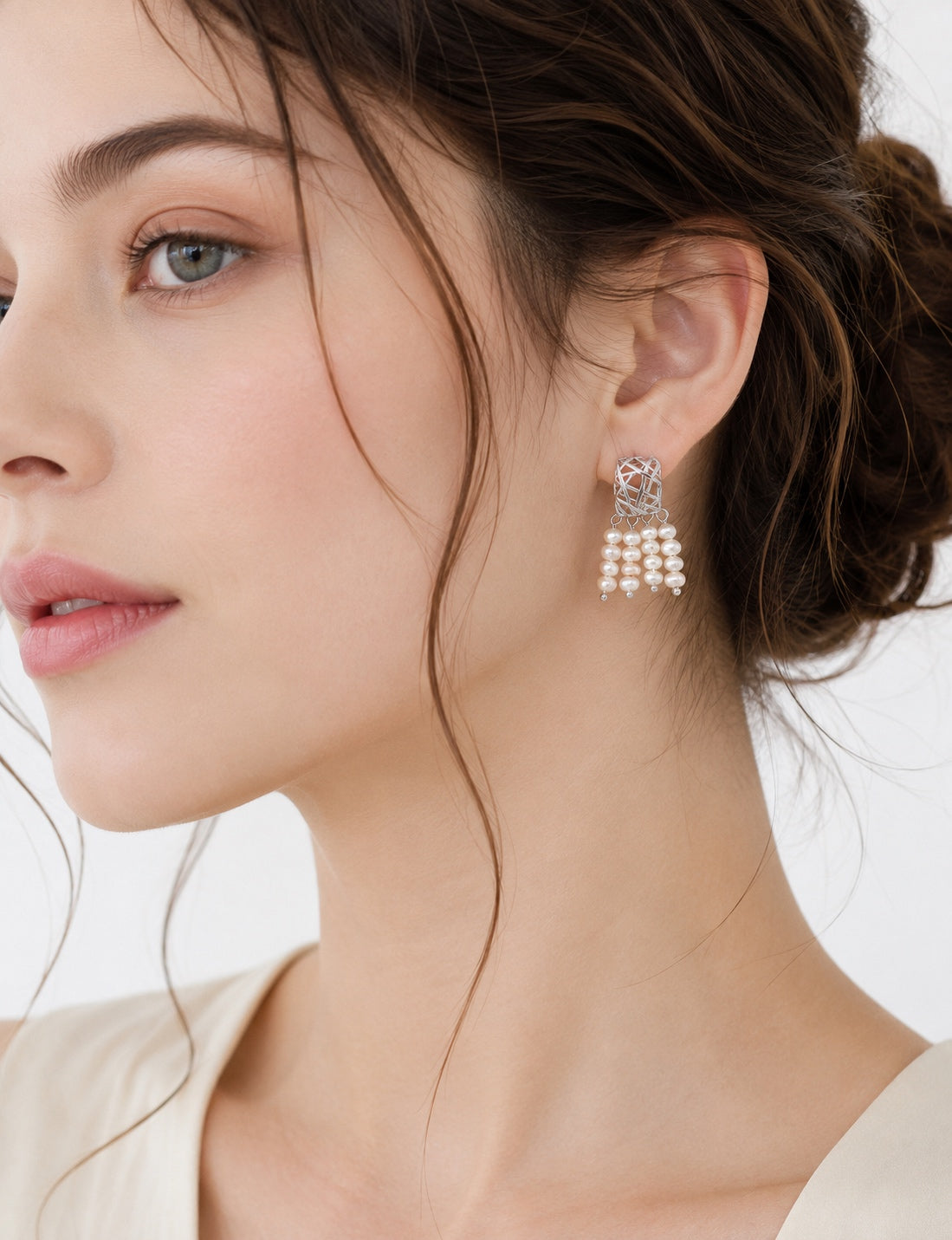 Woven Net Tassel Pearl Earrings