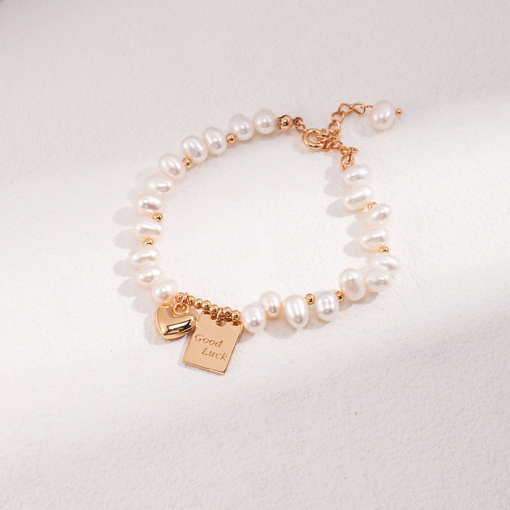 Good Luck Heart Tag Rice Pearl Bracelet