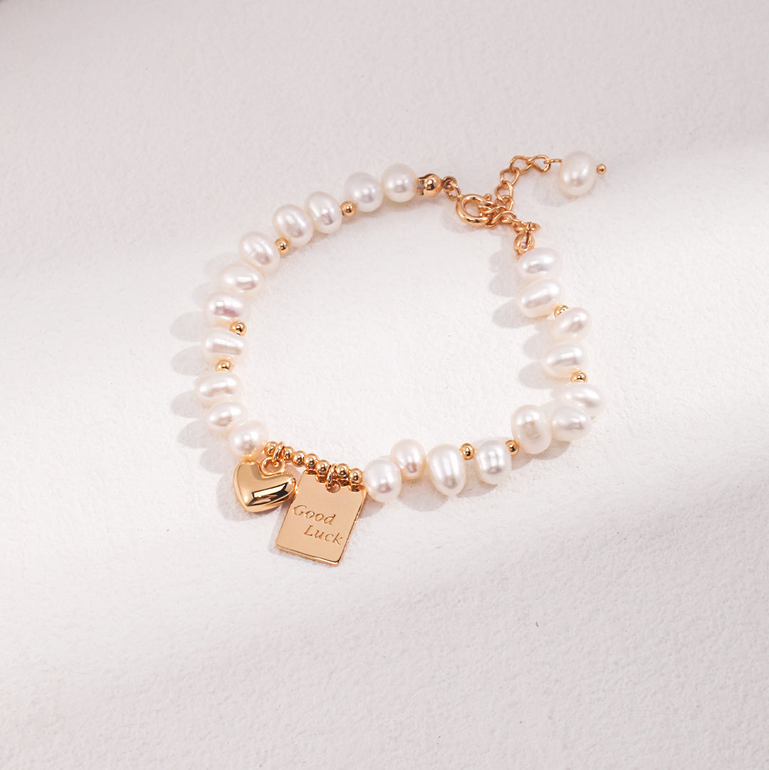 Good Luck Heart Tag Rice Pearl Bracelet